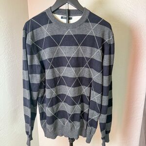 Batistini Cotton Argyle Stripe Black Gray Preppy Crewneck Sweater Size L